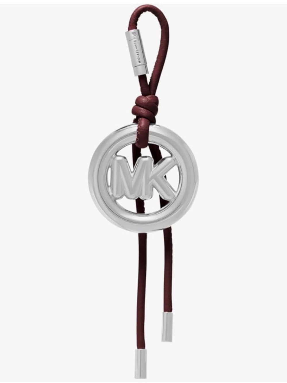 Michael Kors Silver MK Logo Keyring/Bag Charm with Leather Burgundy Strap